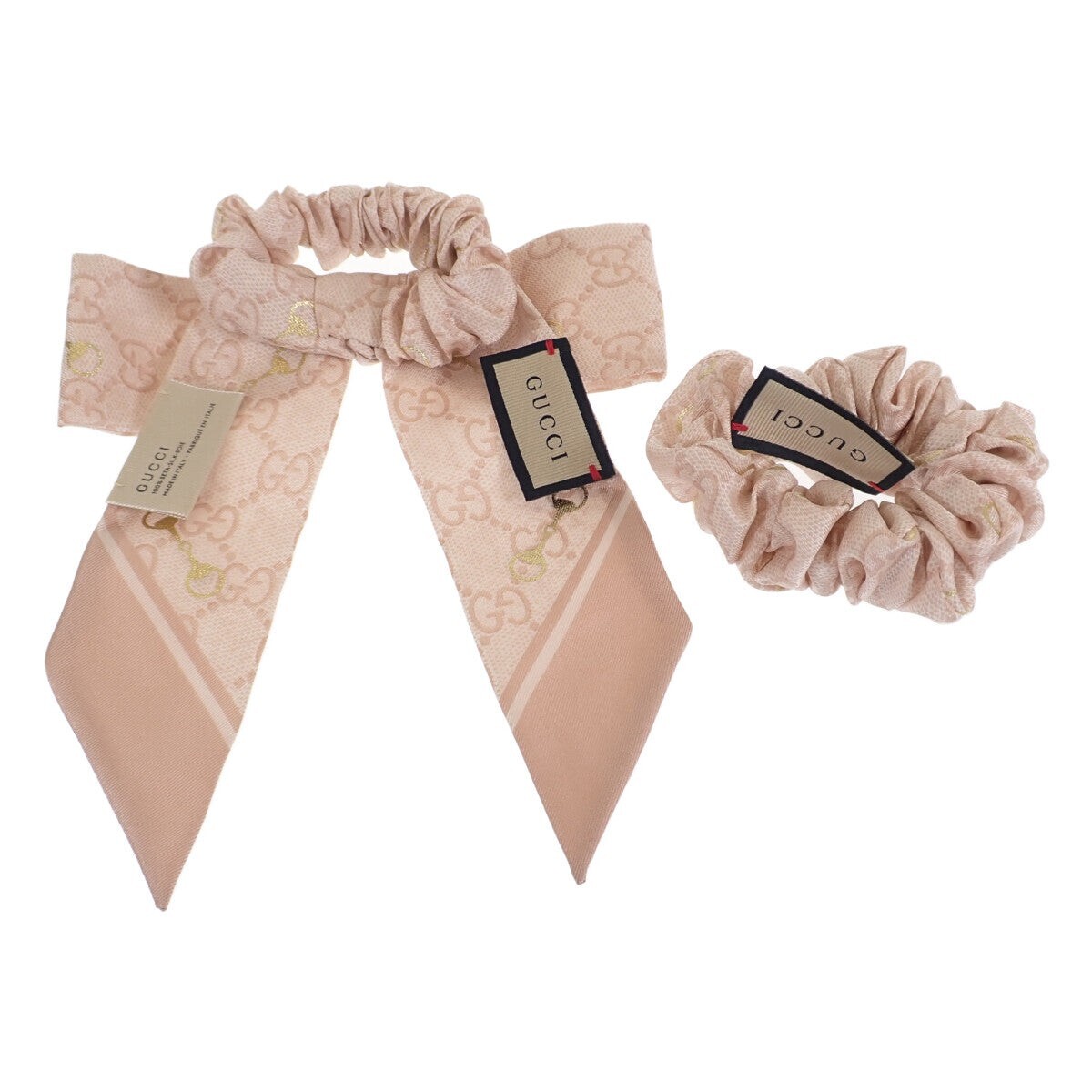 GUCCI GG Silk Scrunchie Set of 2 100% Silk Pink & Ivory
