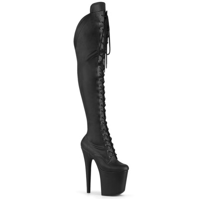 PLEASER FLAMINGO-3014 Black 8'' Heel Platform Slanted Top Sexy Thigh High Boots