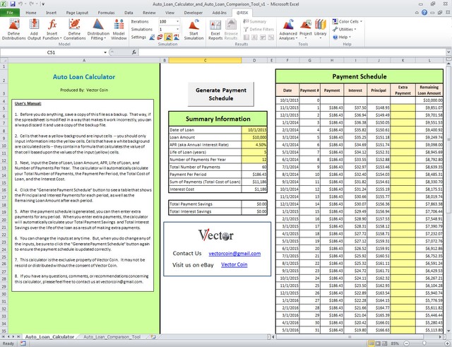 Auto Loan Calculator and Auto Loan Comparison Tool -- Excel Spreadsheet