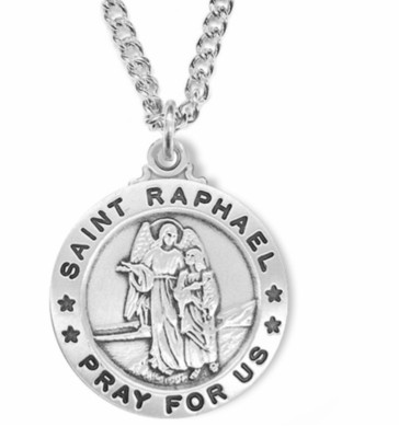STERLING SILVER ROUND ST RAPHAEL PATRON OF DOCTORS MEDAL NECKLACE & CHAIN