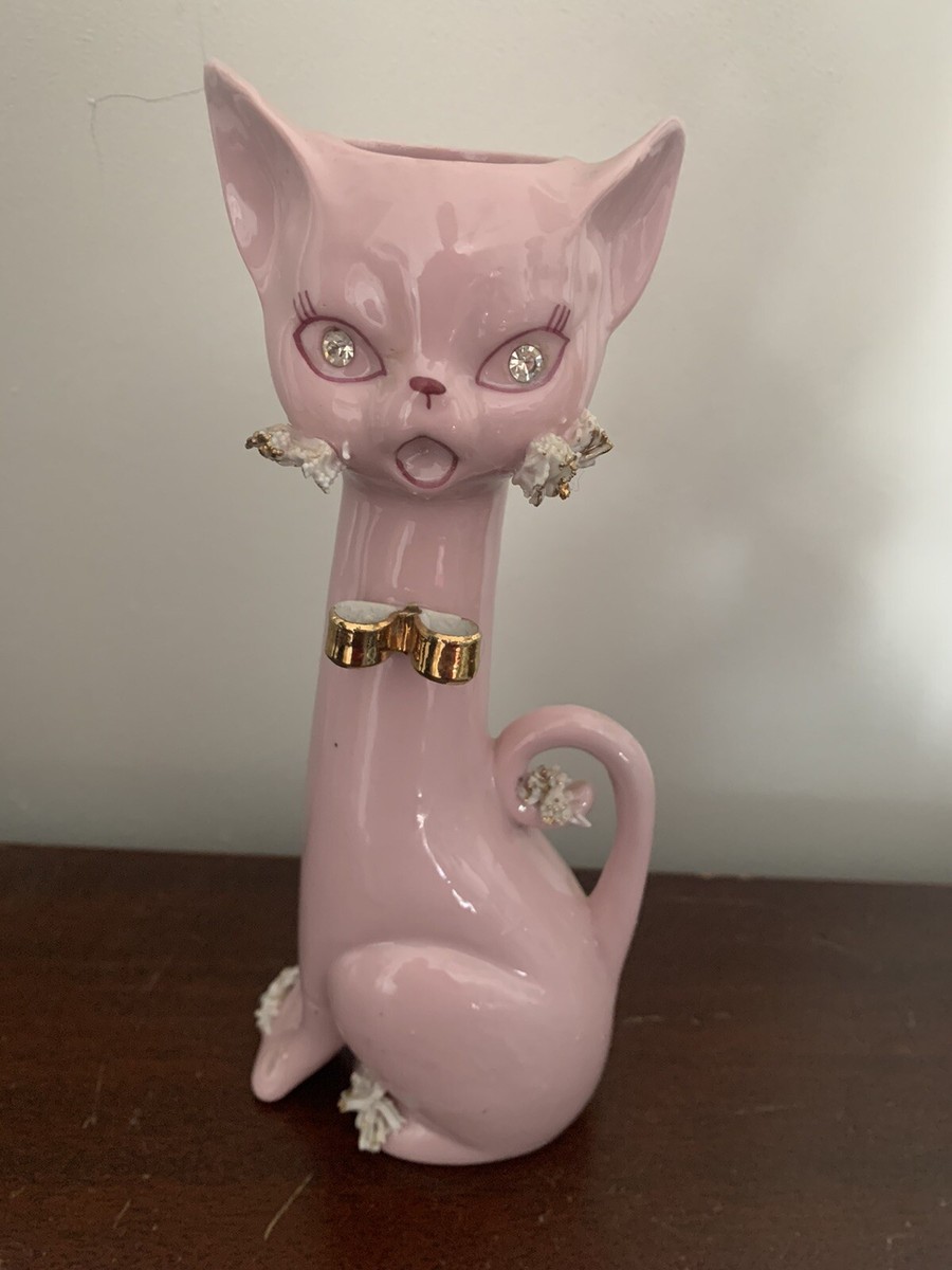 unoa 【Victorian cats Milk tea】レオタード Vintage Lefton Pink Rhinestone Kitten Cat Spaghetti Vase