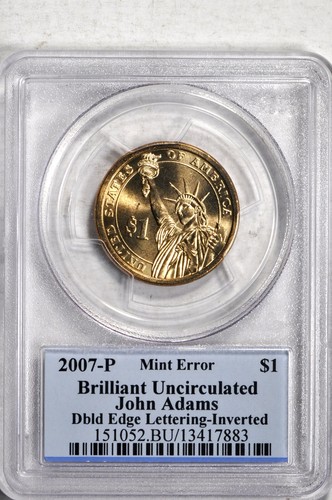 2007-P $1 Dbl Edge Lett-Inverted John Adams Presidential Dollar PCGS BU #883 - Picture 2 of 2
