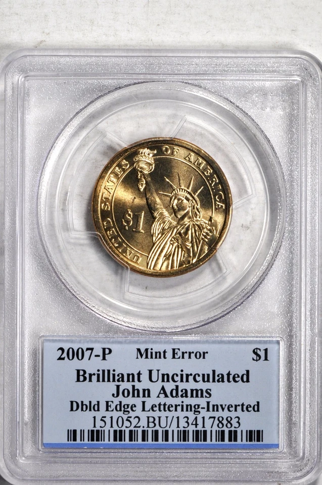 2007-P $1 Dbl Edge Lett-Inverted John Adams Presidential Dollar PCGS BU #883 - Image 2 of 2