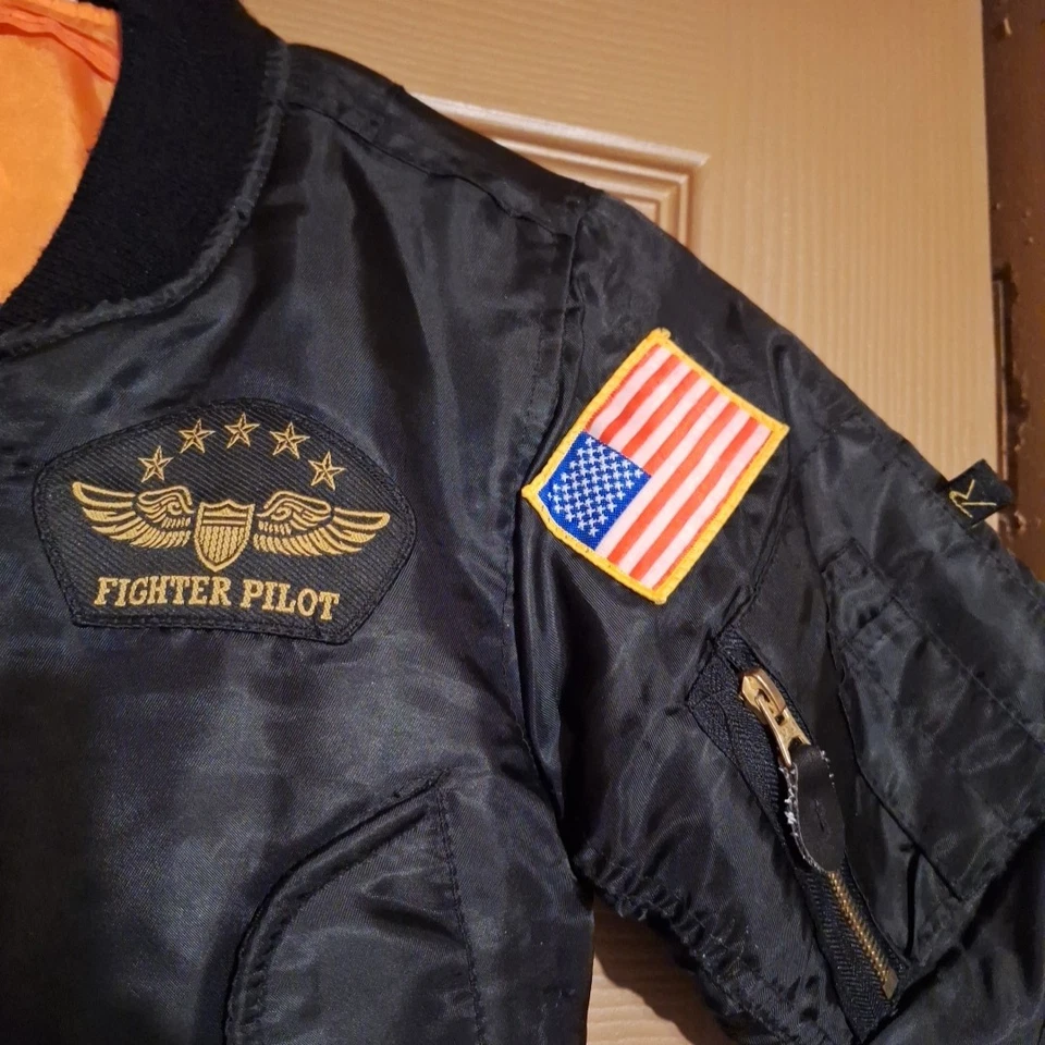 Chaqueta de vuelo vintage Rothco para niños con parches negra XS parches bolsillos Foto 4 de 4