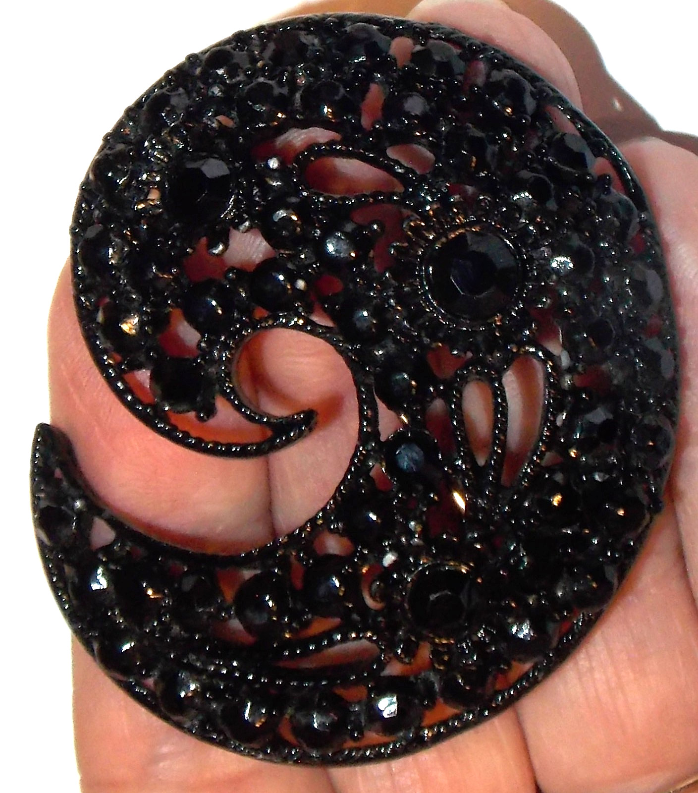 Vintage M JENT MJ ENT Jet Black Glass Rhinestone Flower Paisley Brooch Estate