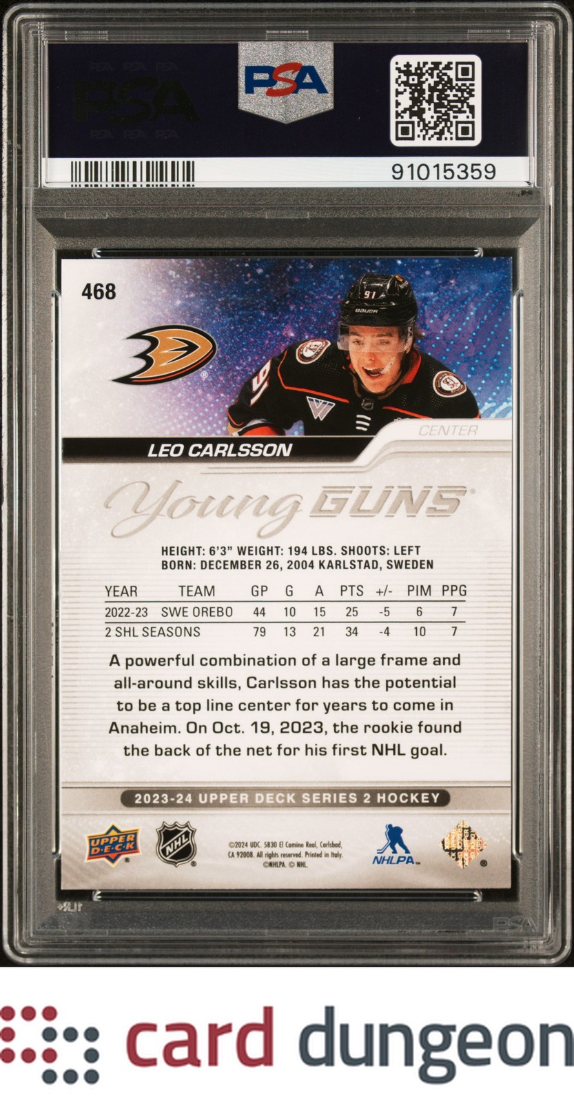 Leo Carlsson 2023 Upper Deck #468 Young Guns - 91015359 PSA 9 view 2