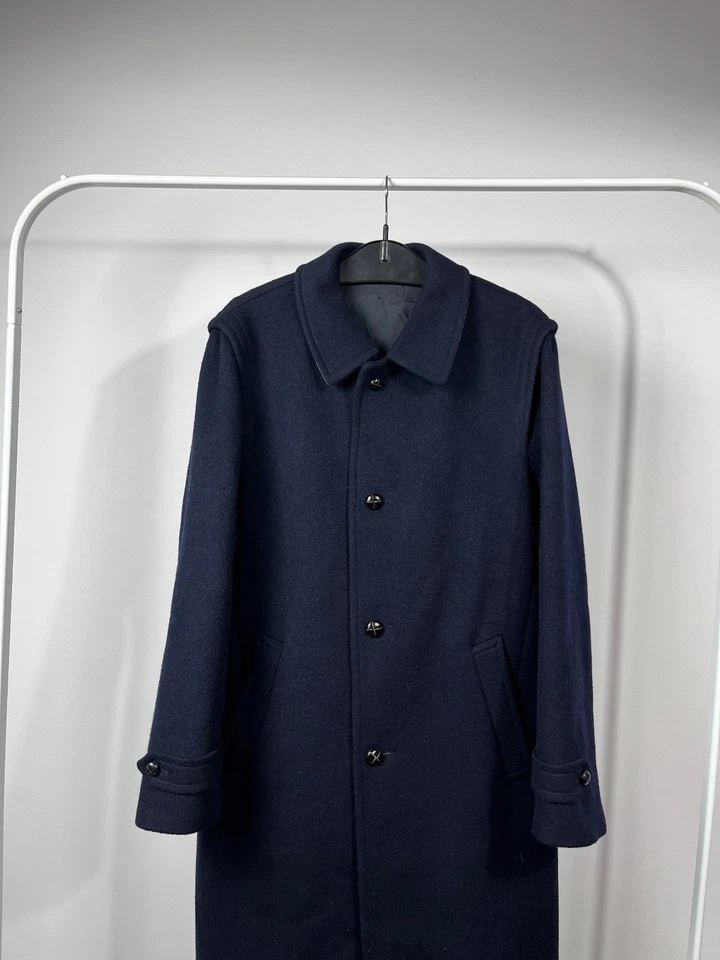 Vintage Schneiders Austria Navy Pure Wool Long Overcoat Men’s Size 48 - Image 2 of 4