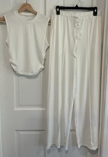 2Pcs Womens Casual Sleeveless Crop Top Wide Leg Long Pant w/pockets Lounge Set