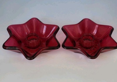 2 Mid Century MCM Indiana Glass Ruby Red Star Taper Candle Holders Candlesticks