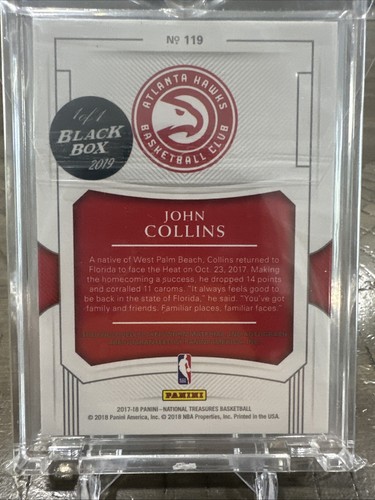 JOHN COLLINS 2017-18 NATIONAL TREASURES #119 ROOKIE PATCH AUTO Black Box 1/1 RPA - Picture 2 of 2