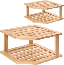 Bamboo Corner Shelf(2 Pack),2 Tier Plate Organizer for Cabinet 2 Pc, Natural 