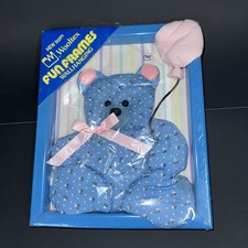 VINTAGE Framed Wooltex Blue Pink Bear Nursery Wall Hanging NEW
