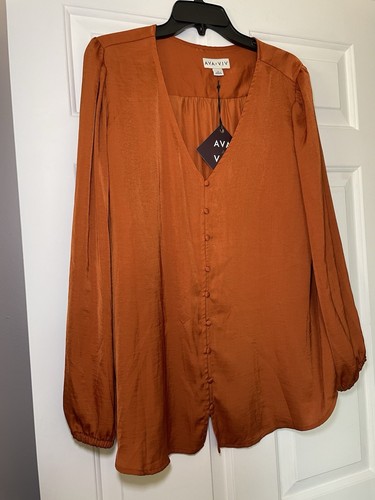 Ava & Viv Woman’s Plus Size 1X Woman’s Rust Blouse Long Sleeve Silky NWT V Neck