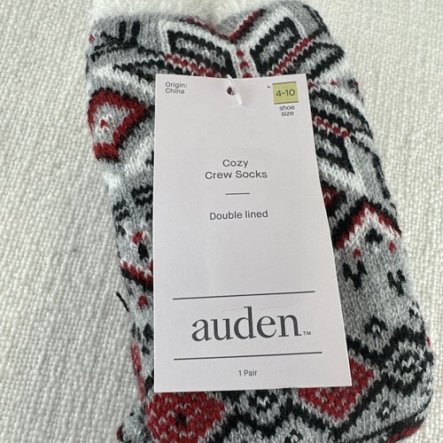 Auden Fuzzy Socks - Gray Black Red Snowflake Cozy Crew Socks - Womens Size 4-10 - Picture 6 of 6
