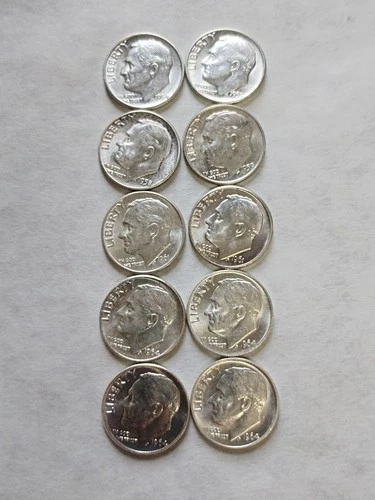 1954-1964 P&D&S Roosevelt Dimes-90% Silver-AU/BU-$1 Face Lot Of 10 #2
