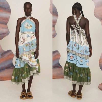 ALEMAIS Bath House Halter Neck Linen Tiered Ruffle Midi Dress NEW with tags  | eBay