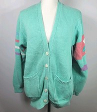 Vtg Liz Sport Womens Cardigan Sweater Preppy Aqua Pink Floral Stripes Size S 80s