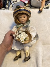 Porcelain Doll Light Brown Straight Hair White Dress Blue Vest Straw Hat Basket