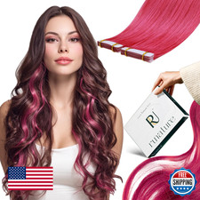 RUNATURE 16" Pink Tape in Human Hair Extensions Hot Pink Remy Seamless