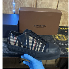 Burberry Men's Black Check Leather Sneakers Logo Accent Lace Up Size 10.5 New