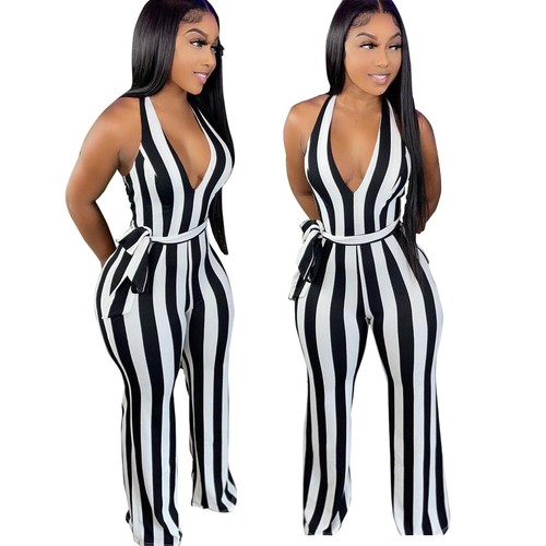 Hot Sale Women Halter Backless Striped Print Bandage Patchwork Club Jumpsuit - Picture 1 of 9