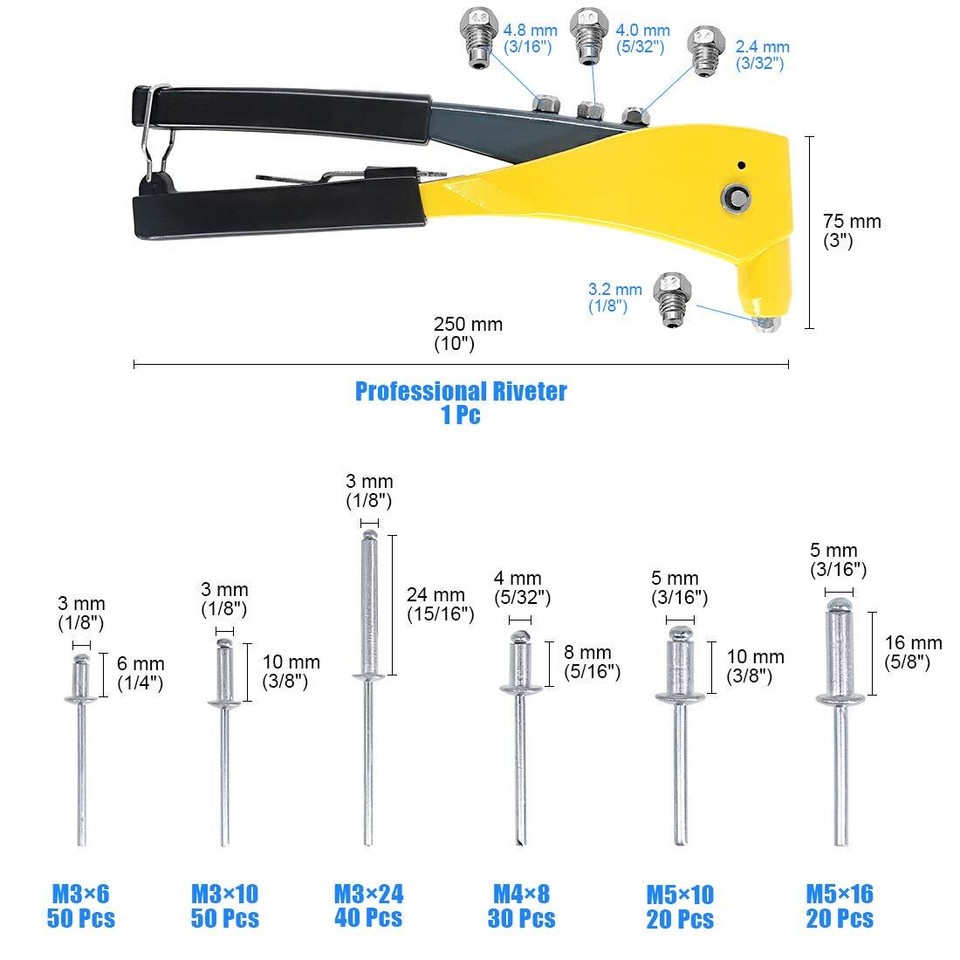 Heavy Duty Riveter Set 210Pcs Aluminum Blind Rivets Assortment Kit and