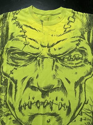 Frankenstein Full Print Portrait Drawing T-Shirt, Light Green, Size: Small