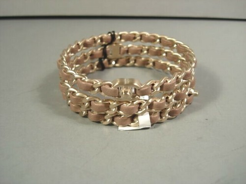 Chanel 3 Bracelets Stackable Dark Beige Leather Gold Woven "CC" Chain ...
