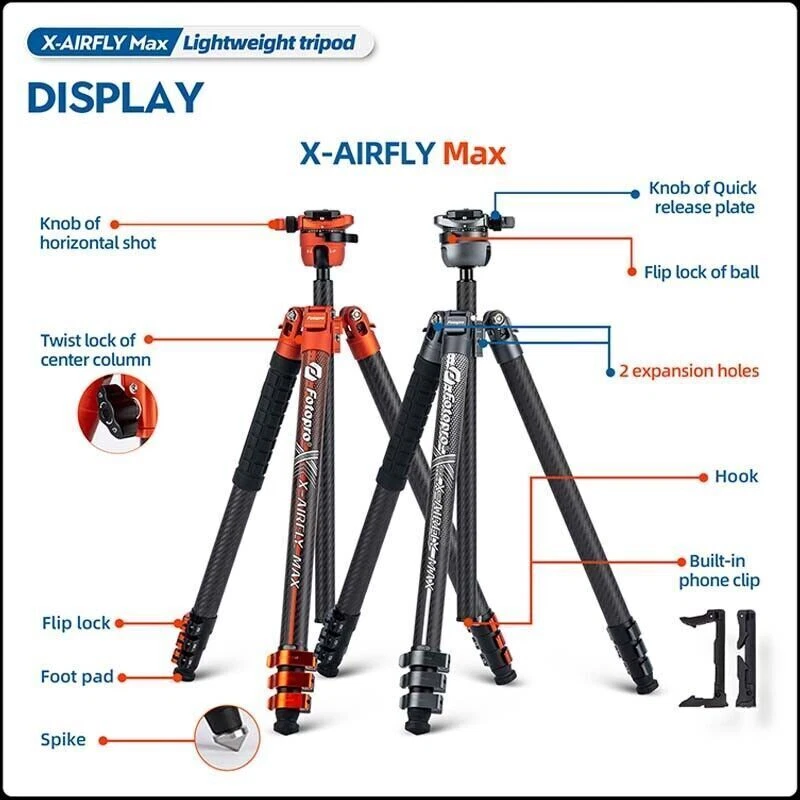 Fotopro X-AIRFLY Max Carbon fiber Video Travel Tripod/Monopod w Ball/Fluid Head - Image 2 of 4