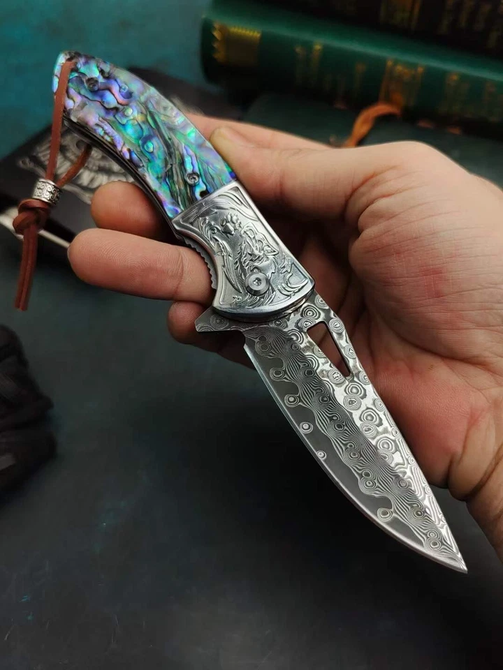 8'' New Fast Opening Shell Handle VG10 Damascus Blade Pocket Folding Knife VTF45 - image 3 of 4