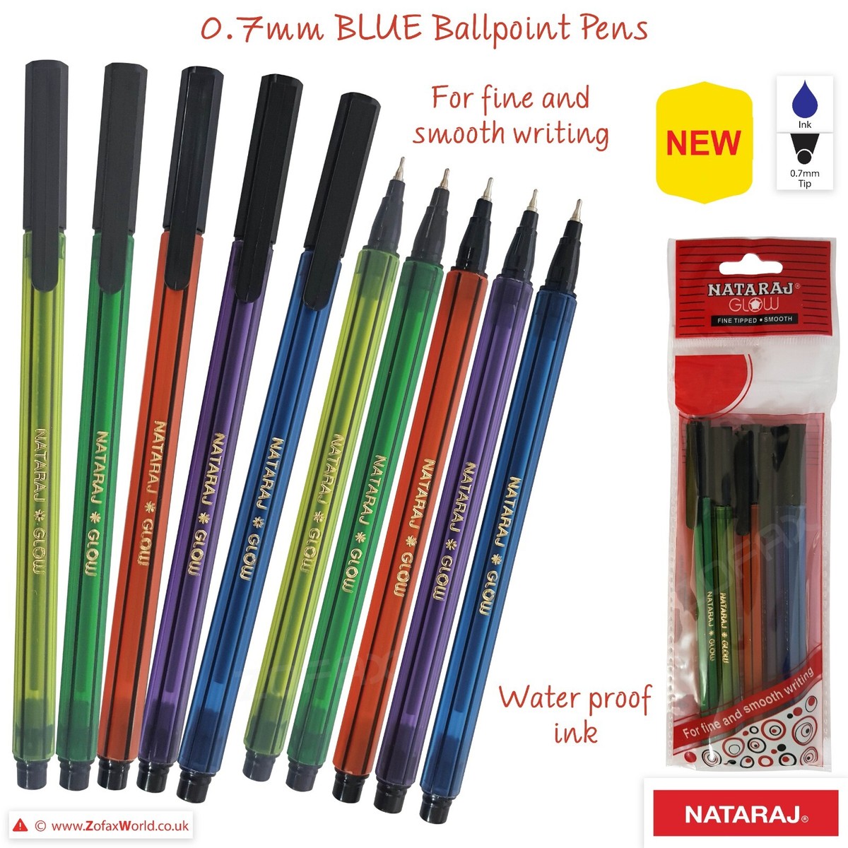 NATARAJ Glow Fine BLUE Ballpoint Pens Smooth Biro Ball Pens School  Office