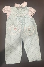 Vintage Baby Girl Floral Romper Blue Flower Tiny Tots 6-9 Mos Heart Pockets Lace