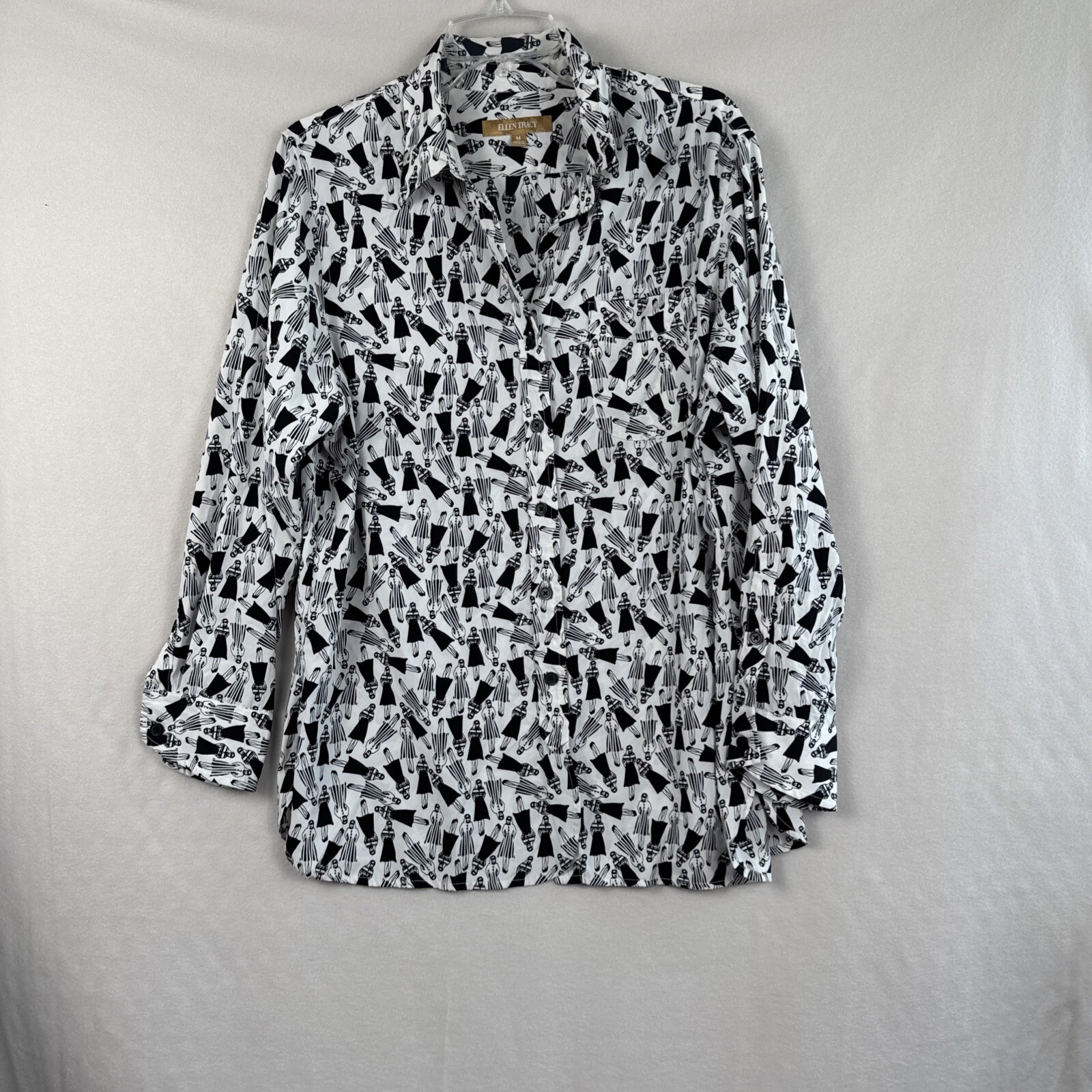 Ellen Tracy Womens M Silky Roll Sleeve Blouse Casual Elegant Double Vision Design  