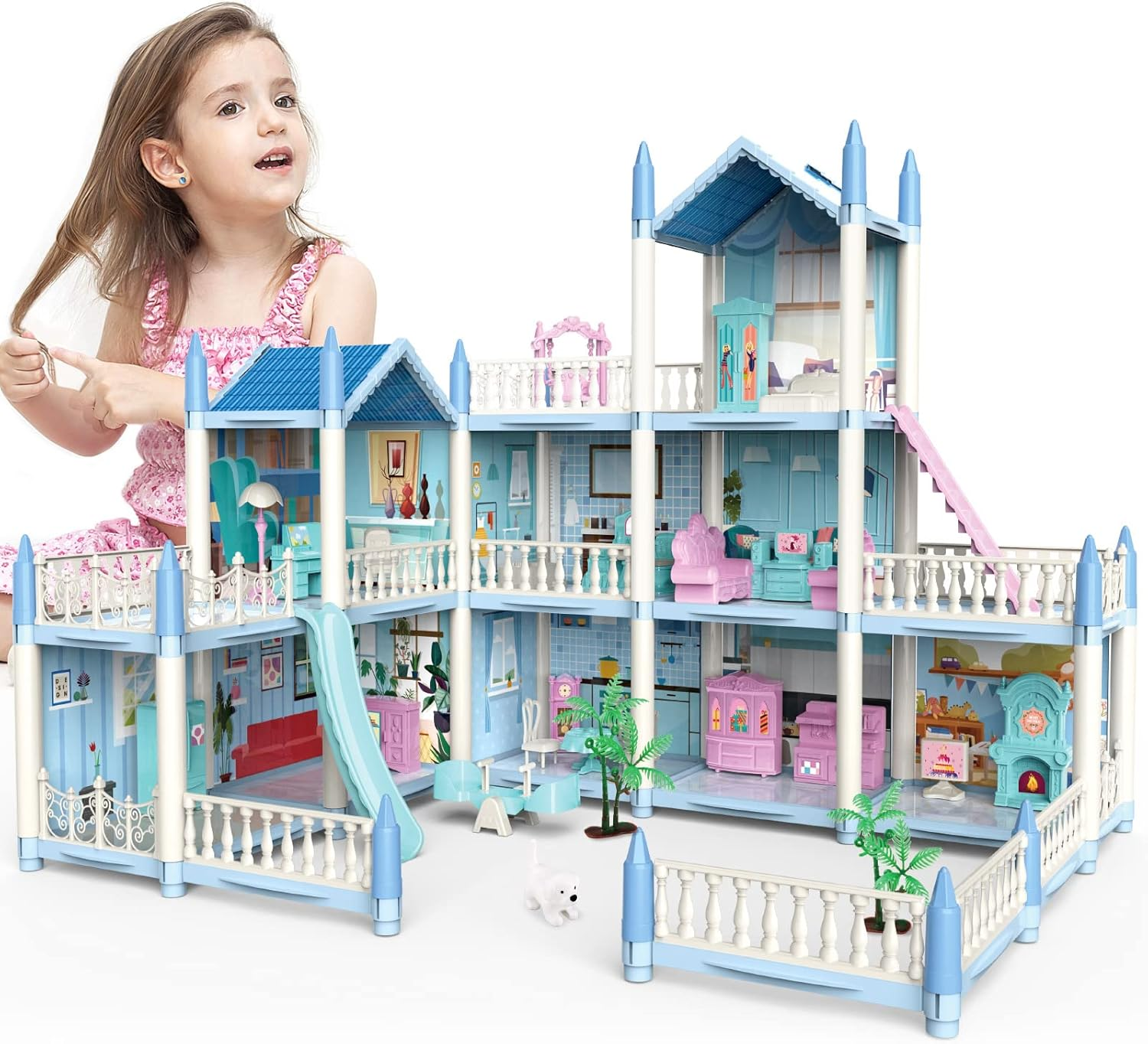 Deao Dollhouse for Girls - 3 Story 11 Rooms DIY Building Pretend Play House with
