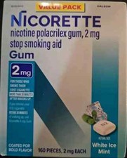 Nicorette Nicotine Gum 2 Mg, White Ice Mint Flavor - 160 Count Exp 2028 NEW