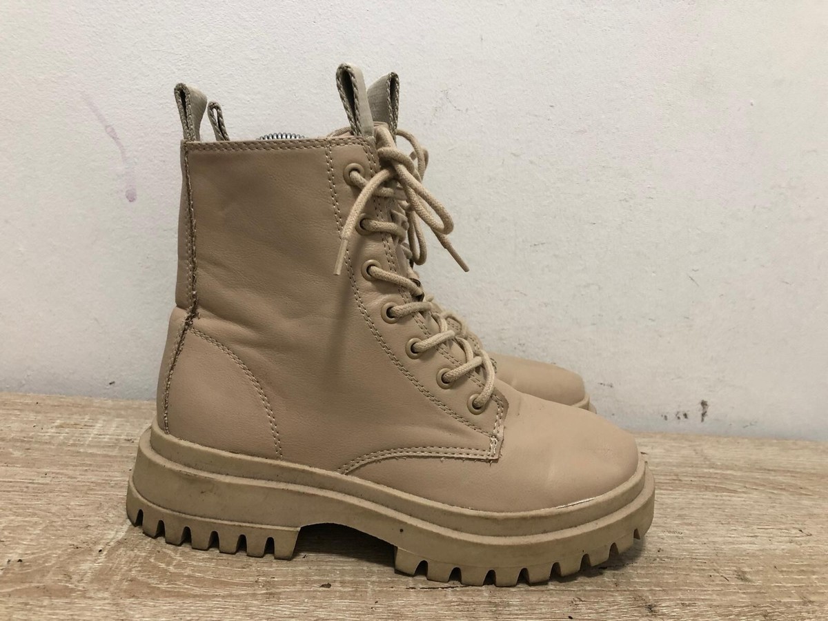 ZARA GIRLS BEIGE LEATHER LACE/ZIP CHUNKY SOLE ANKLE BOOTS SHOES UK