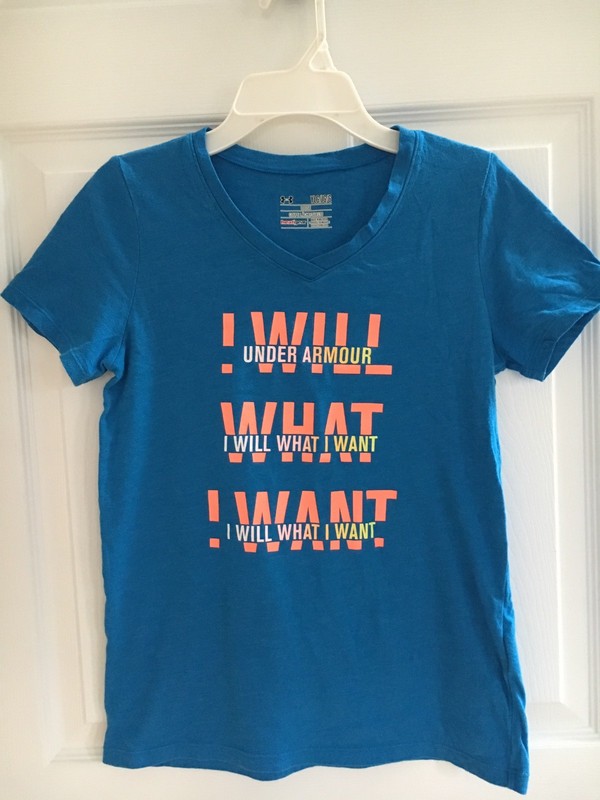 Girl's Under Armour HeatGear Blue Orange Athletic I Will What I Want T Shirt L