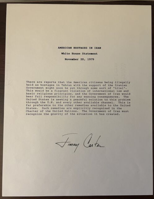 Jimmy Carter Signed American Hostages In Iran Statement White House Full Sig