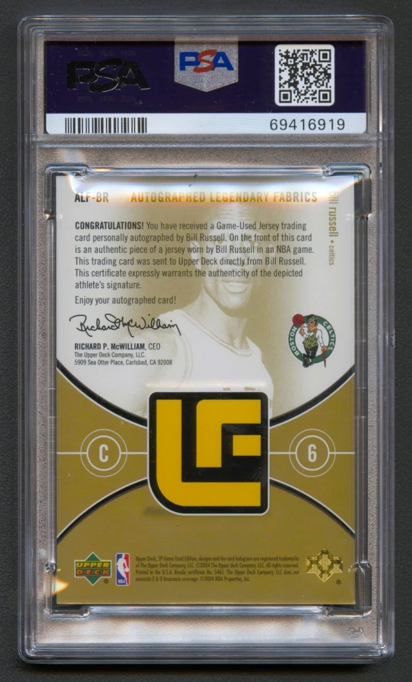 BILL RUSSELL 2004 UPPER DECK SP 比赛使用 传奇面料 签名 /100 PSA 8 — 第 2/2 张图片