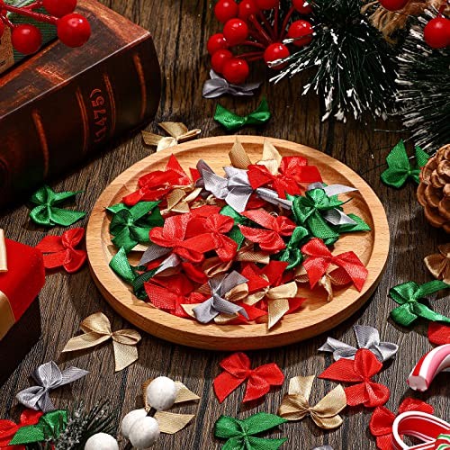Syhood 150 Pcs Christmas Mini Bow Tiny Twist Tie Gold, Silver, Red, Green