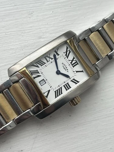 Rotary Tank Vintage Men’s Watch Silver Gold White Roman Numeral Dial Quartz Date