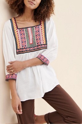 Anthropologie White Abigail Embroidered Blouse Babydoll Boho Flowy