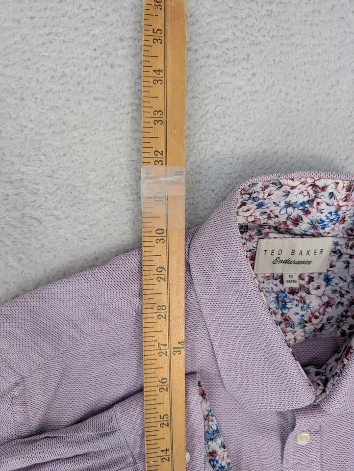 Camisa Ted Baker Para Hombres 16 34 35 Púrpura Rosa Punto Floral Resistencia Puño Abatible Foto 4 de 4