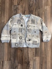 Womens Neutral Cream Tan Boho Crochet Flowers Jacket Blazer Large Satin Lined