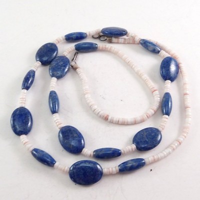 Vtg Lapis & Shell Heishi Bead Necklace Handmade Southwestern Native Tribal Boho