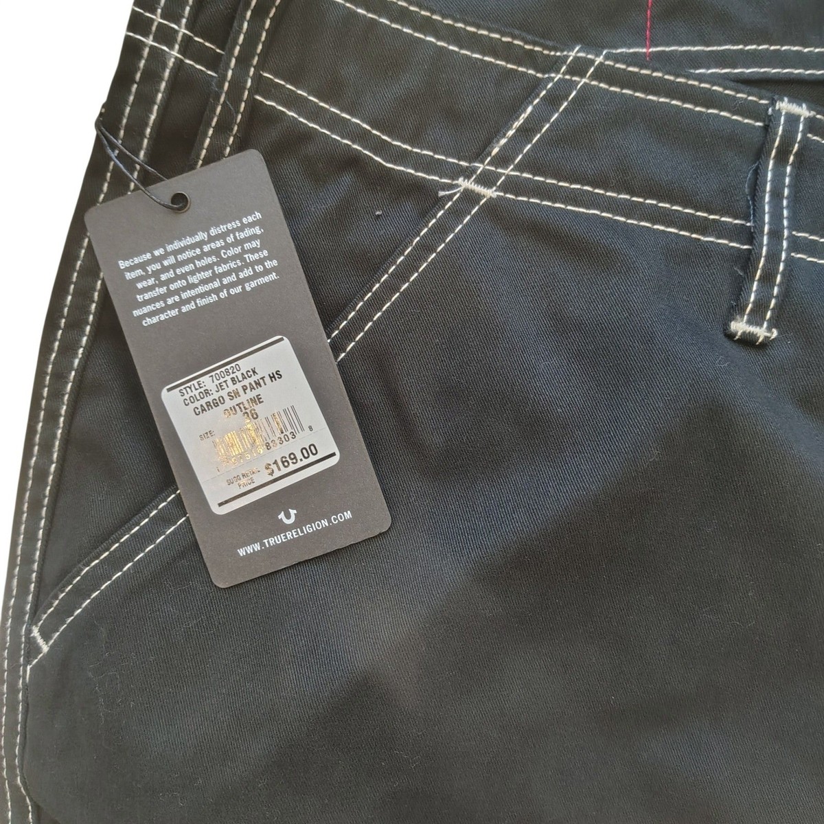 True Religion Mens Cargo SN Pant HS Jet Black Contrast Stitch Size