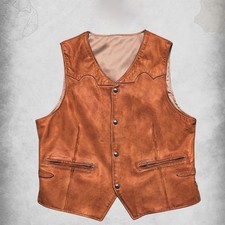 Vintage 70s Men's Genuine Pebbled Leather Western Vest Brown Cowboy Waistcoat
