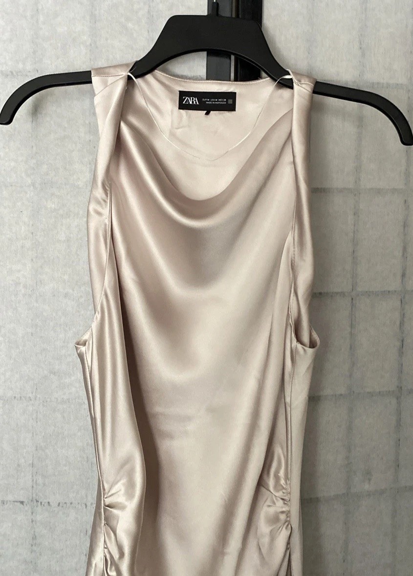 zara champagne satin dress Silk Bridesmaid Dresses With Split ZARA Satin Cowl Neck Bridesmaids Maxi  Dress With Side Split Champagne Gold