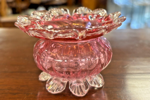 Antique Cranberry Hand Blown Glass Frilled Salt
