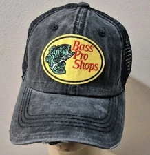 Bass Pro Shop Distressed Mesh Trucker Black & Black Mesh Hat Bass Pro Fishing 